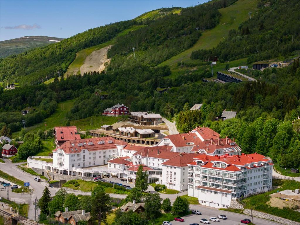 Old timber mountain hotel in a Norwegian village, seen from the street